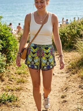 ZARA Floral Psychedelic Silk-Feel Shorts Boho Indie Sleaze Summer Festival XS